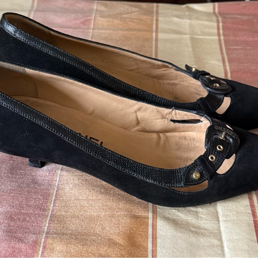 CHANEL Black Suede Flats with Gold Accents